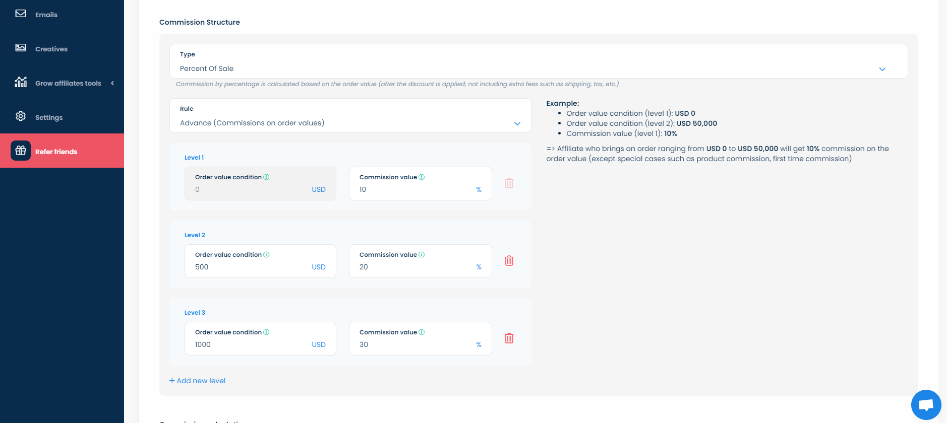UpPromote Commission rate on order value feature
